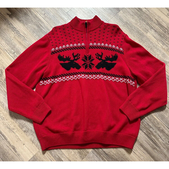 Chaps Christmas Fair Isle 1/4 Zip Sweater Red Black Men's XXL Moose Christmas - Picture 1 of 7